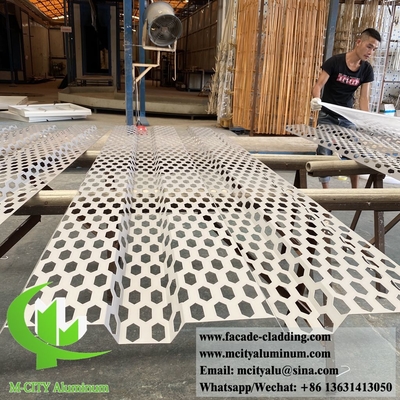 Panel decorativo de chapa de aluminio perforada de forma hexagonal de color gris recubierto en polvo
