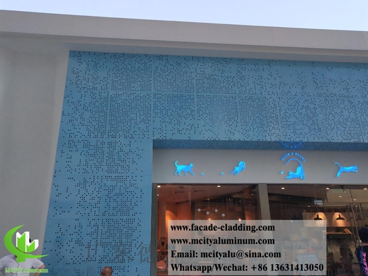 Panel de pared de aluminio perforado fachada de metal revestimiento de color azul PVDF patrón hueco con luz LED